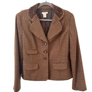 Sundance 100% Wool Plaid Blazer Studded Collar Academia Brown Size 12